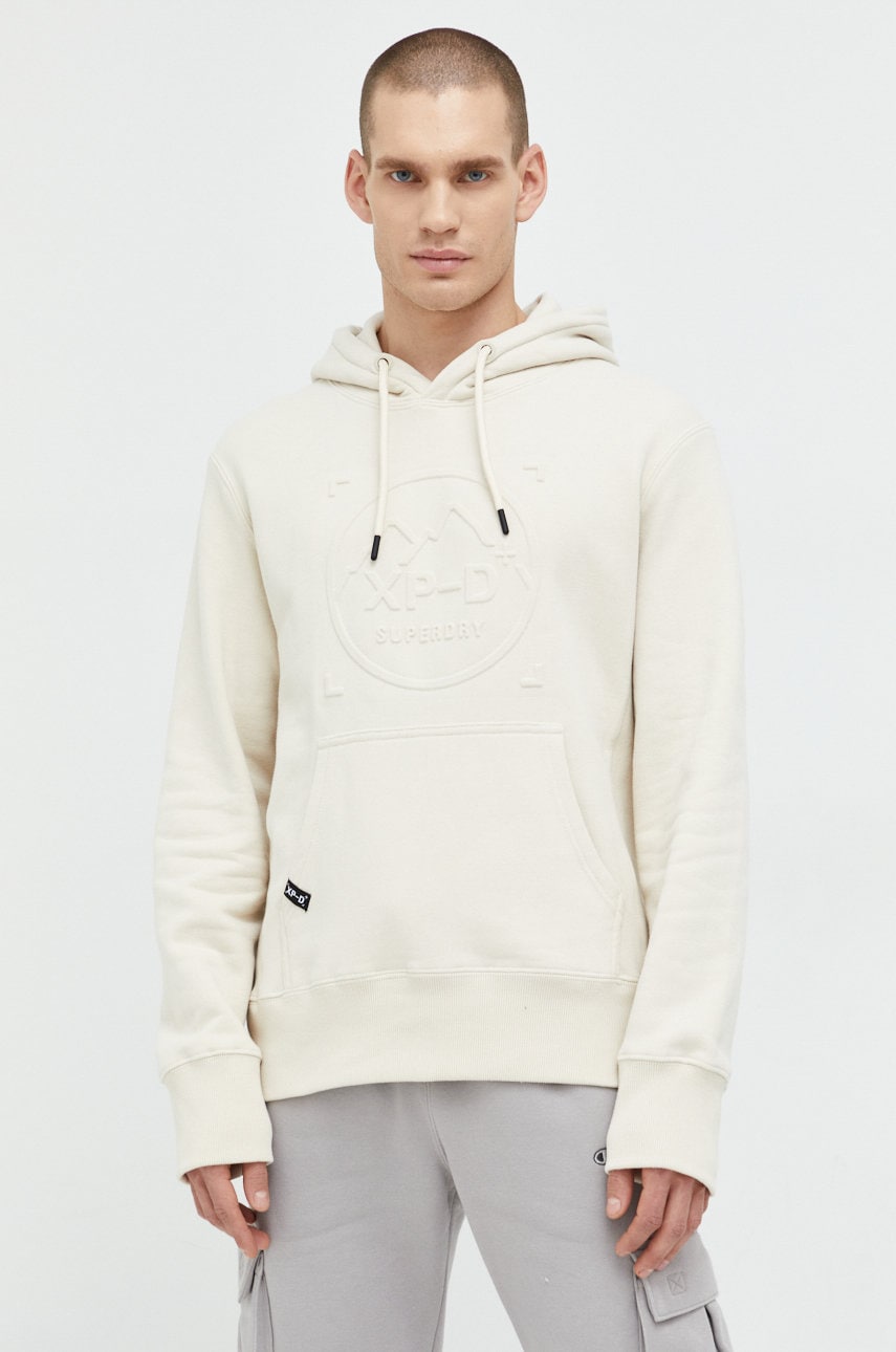 Superdry hanorac de bumbac barbati, culoarea bej, cu glugă, cu imprimeu
