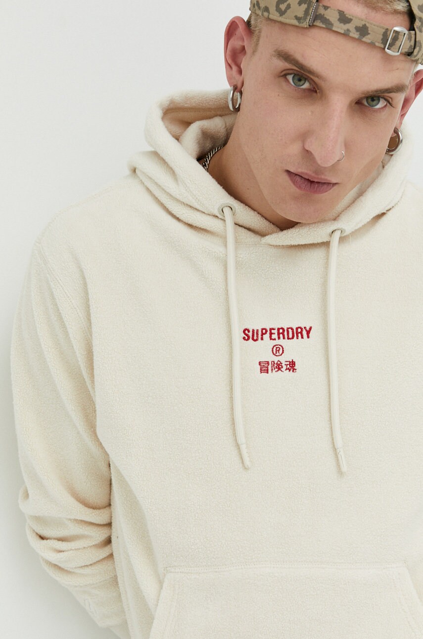 Superdry bluza barbati, culoarea bej, cu glugă, cu imprimeu