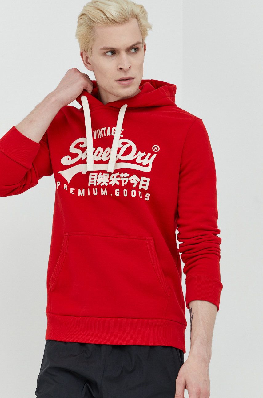 E-shop Mikina Superdry pánská, červená barva, s kapucí, s potiskem
