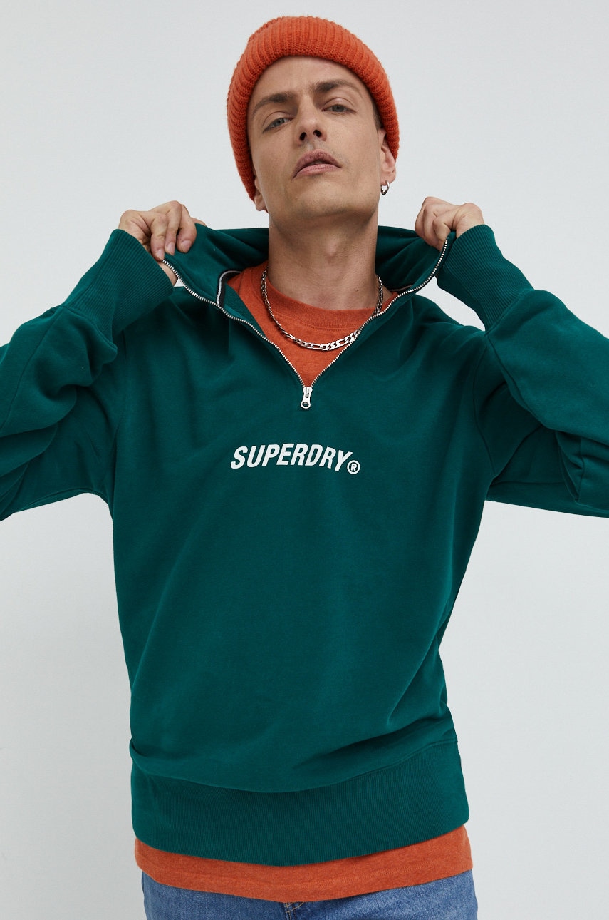 Superdry hanorac de bumbac barbati, culoarea verde, neted