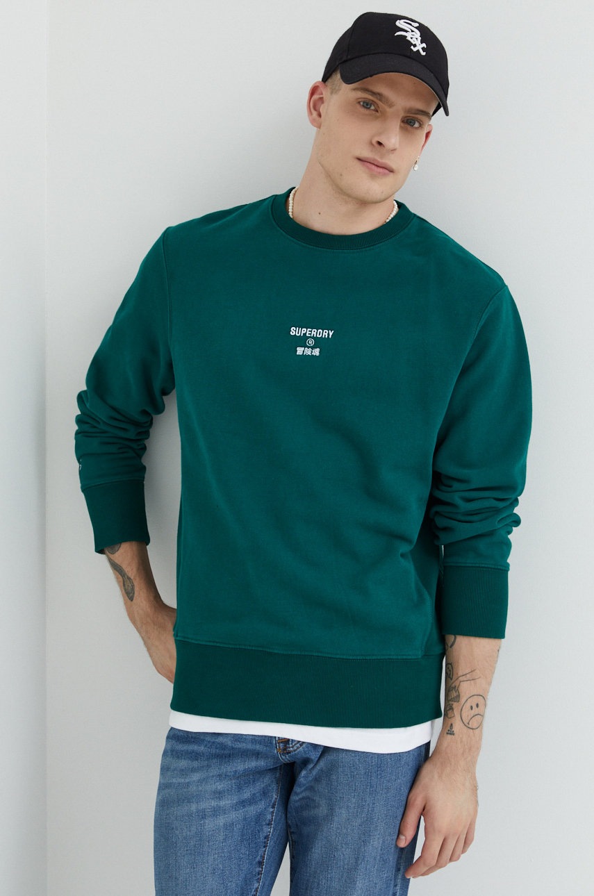 

Памучен суичър Superdry в зелено с апликация, Зелен