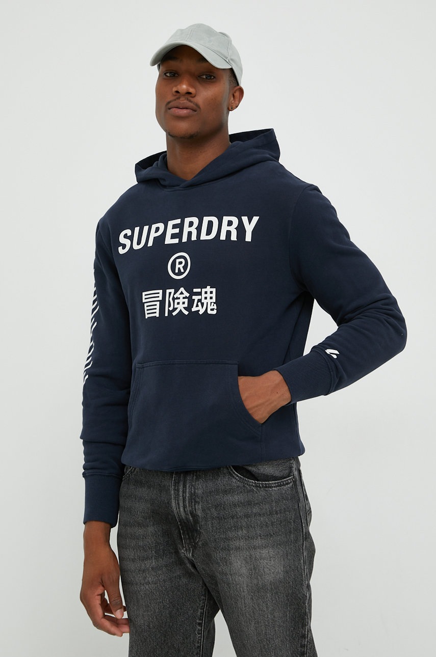 

Памучен суичър Superdry в тъмносиньо с принт, Тъмносин