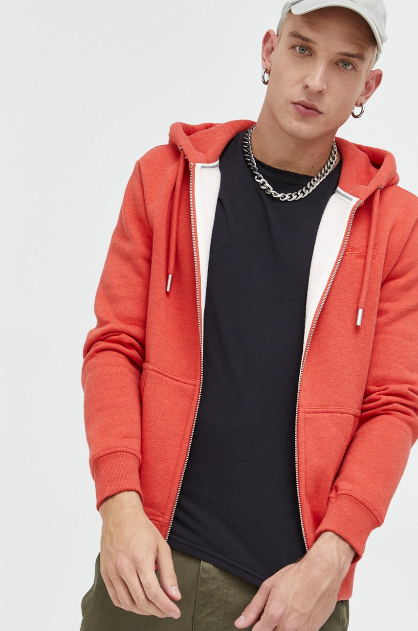 

Кофта Superdry мужская цвет оранжевый с капюшоном однотонная