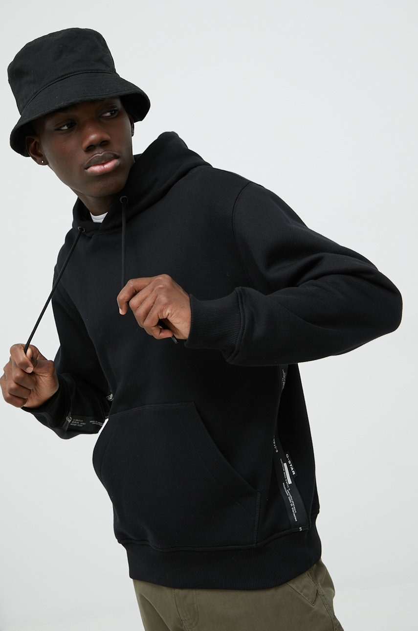 G-star raw hanorac de bumbac barbati, culoarea negru, cu glugă, cu imprimeu