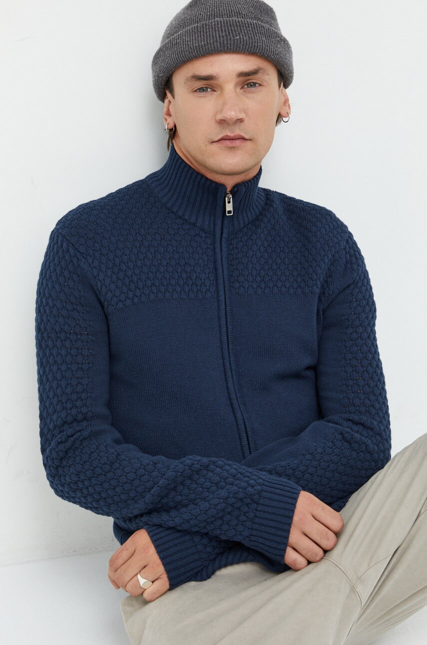 Solid cardigan din bumbac barbati, culoarea albastru marin, neted