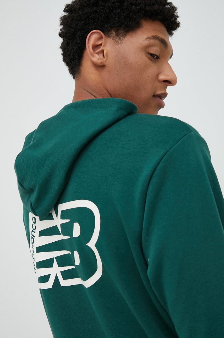 New Balance bluza barbati, culoarea verde, cu glugă, cu imprimeu