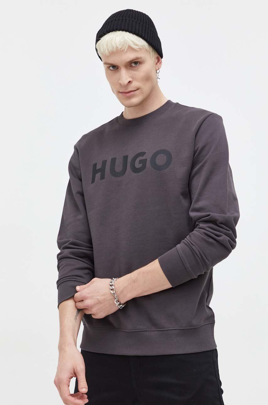 E-shop Bavlněná mikina HUGO pánská, šedá barva, s potiskem