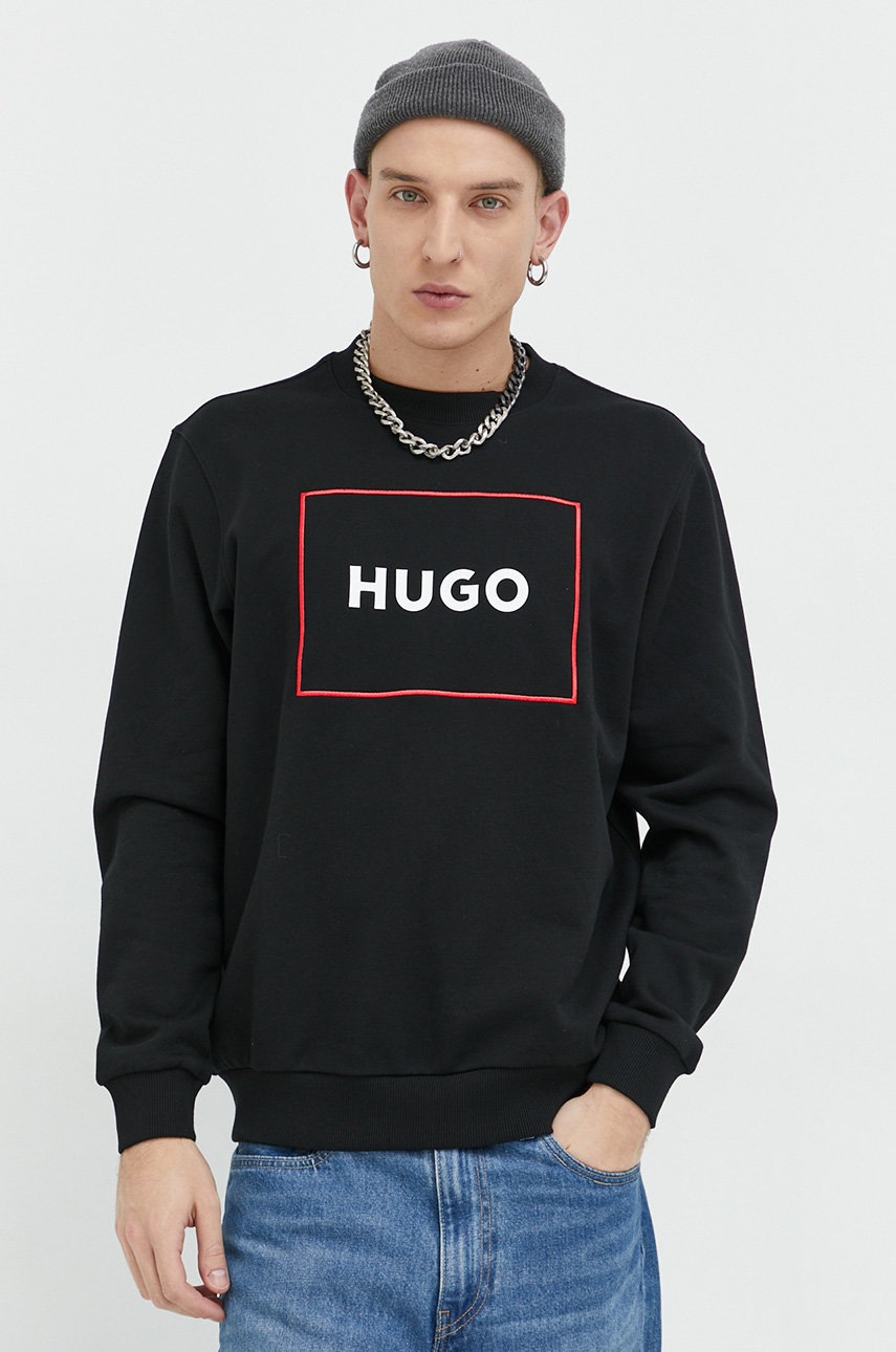 

Памучен суичър HUGO в черно с апликация, Черен
