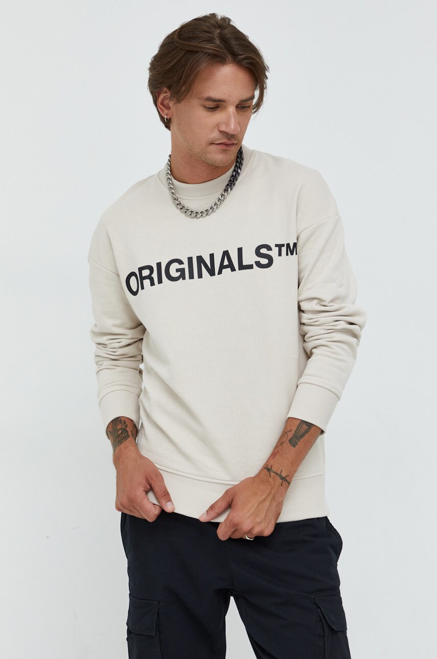 Jack & jones hanorac de bumbac jorclean barbati, culoarea bej, cu imprimeu
