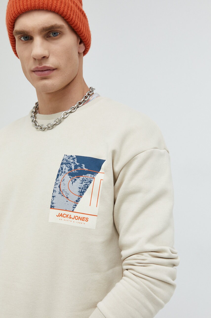 Jack & jones hanorac de bumbac jcodes barbati, culoarea bej, cu imprimeu