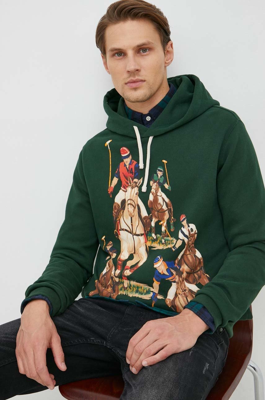 

Кофта Polo Ralph Lauren чоловіча колір зелений з капюшоном з принтом