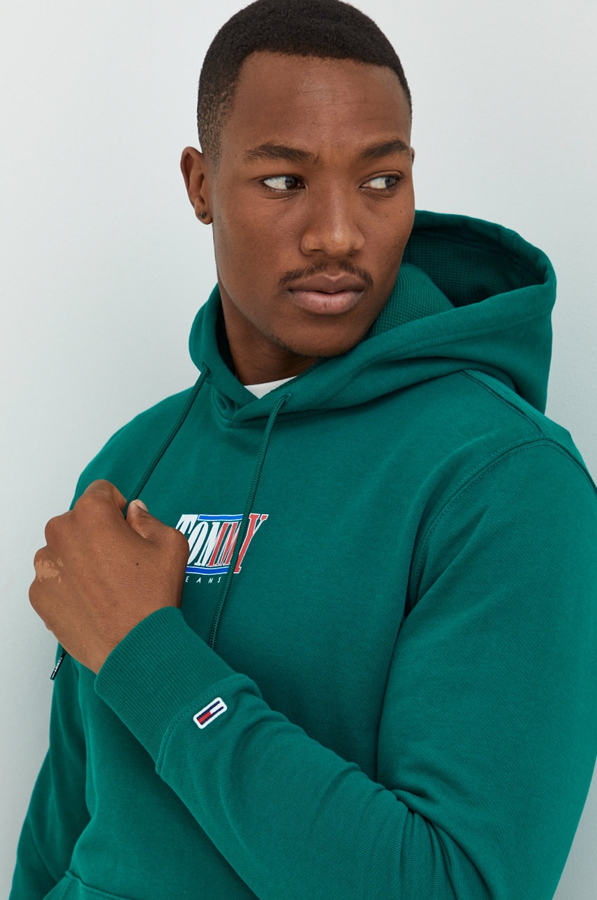 

Памучен суичър Tommy Jeans в зелено с принт, Зелен