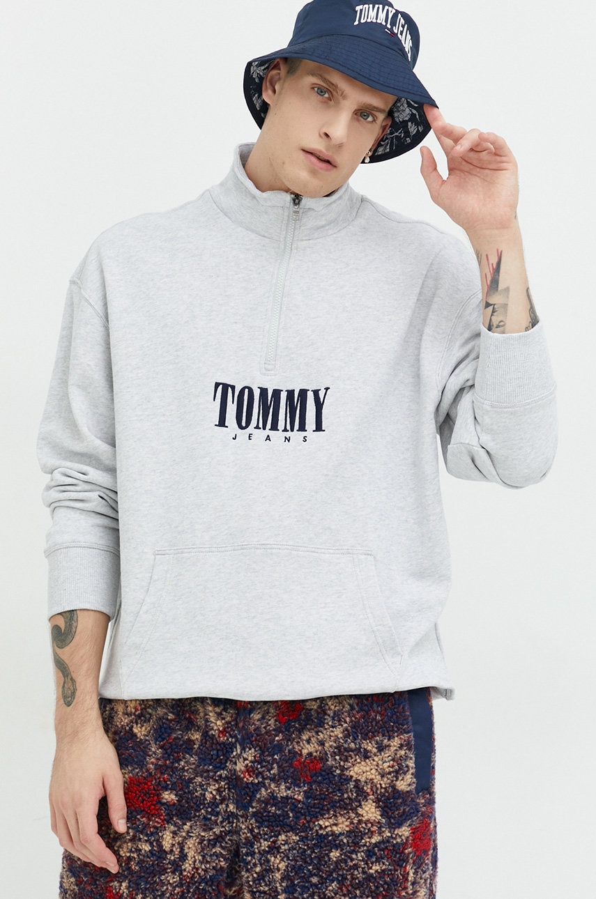 Tommy Jeans Hanorac De Bumbac Barbati, Culoarea Gri, Melanj