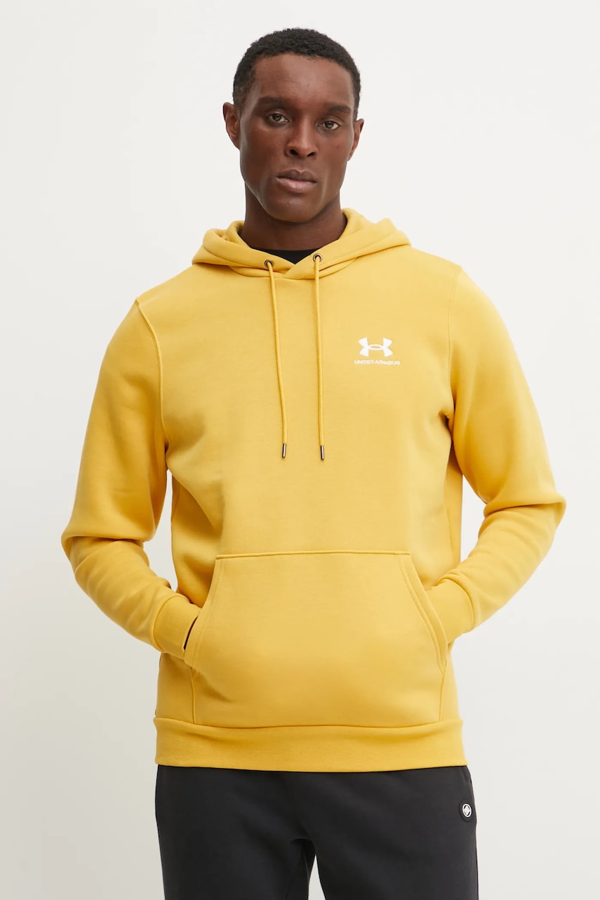 Under Armour bluză Essential Fleece bărbați, culoarea maro, cu glugă, cu imprimeu, 1373880
