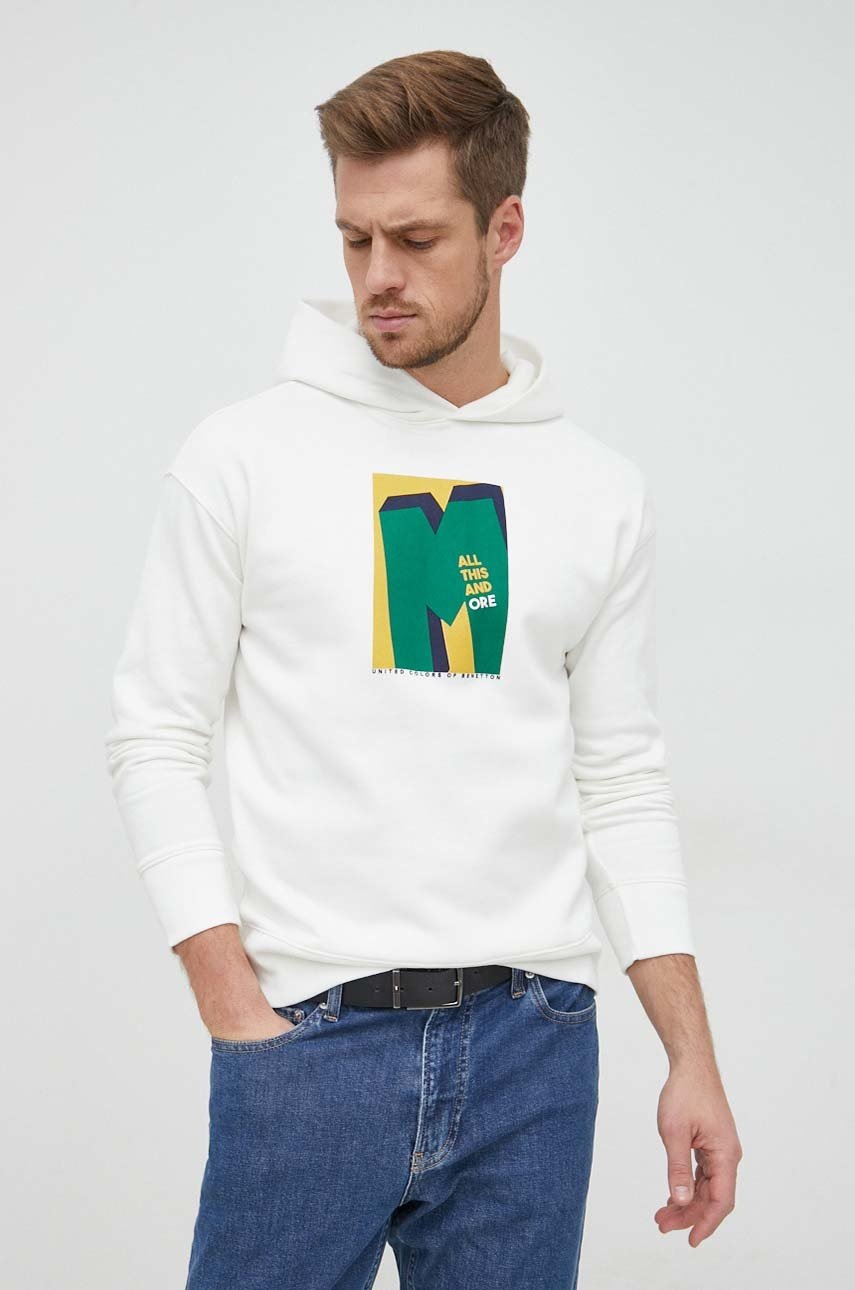 

Суичър United Colors of Benetton в бяло с качулка с принт, Бял