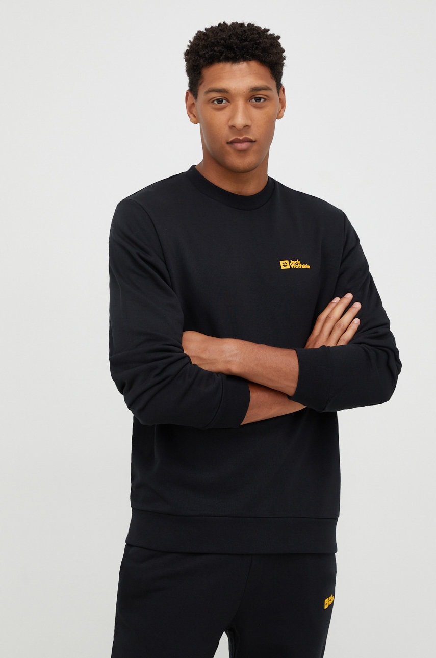 Jack Wolfskin hanorac de bumbac barbati, culoarea negru, cu imprimeu