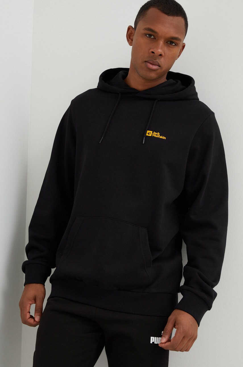 Jack wolfskin hanorac de bumbac barbati, culoarea negru, neted