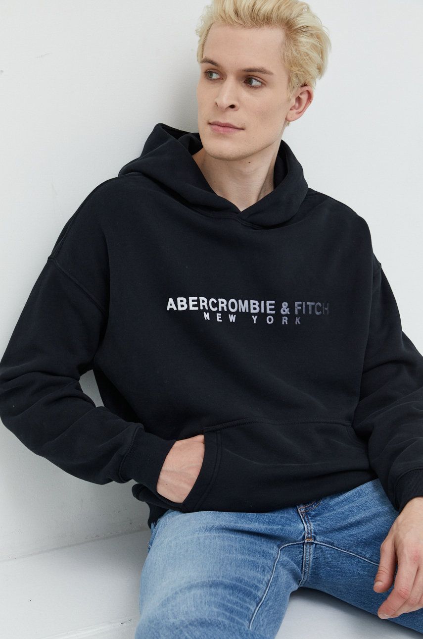 Abercrombie & Fitch bluza męska kolor czarny z kapturem gładka