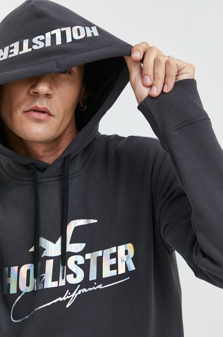 Hollister co. bluza barbati, culoarea gri, cu glugă, cu imprimeu
