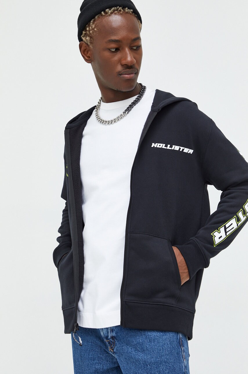Hollister co. bluza barbati, culoarea negru, cu glugă, cu imprimeu