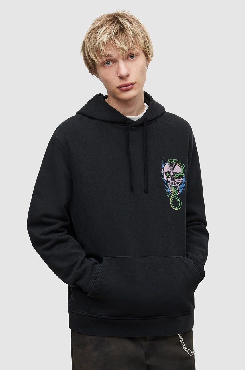 

Памучен суичър AllSaints в черно с принт, Черен
