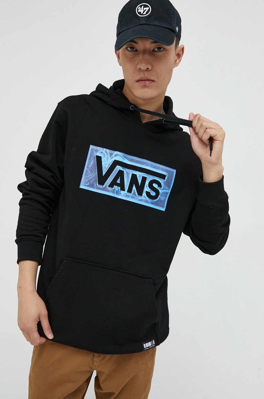 

Памучен суичър Vans в черно с качулка с принт, Черен
