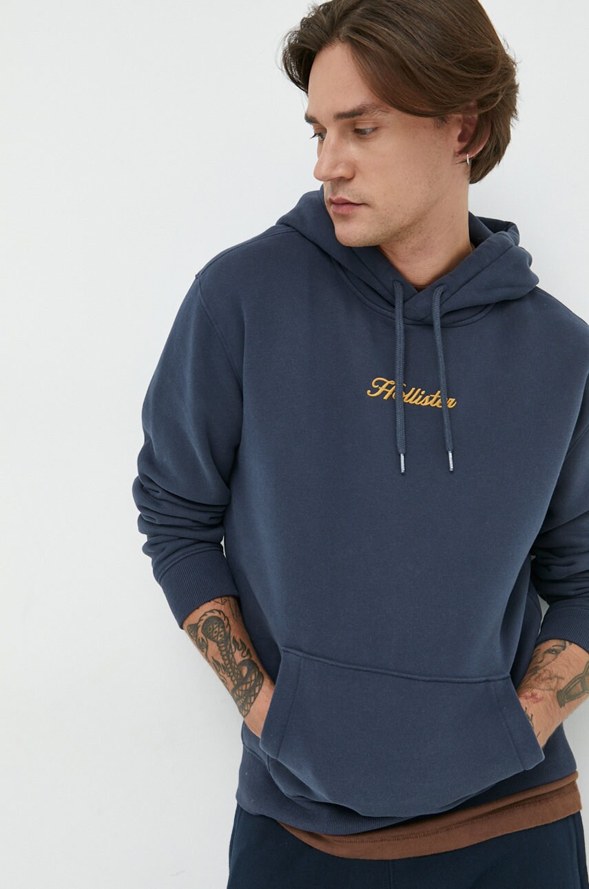 Hollister co. bluza barbati, culoarea albastru marin, cu glugă, neted