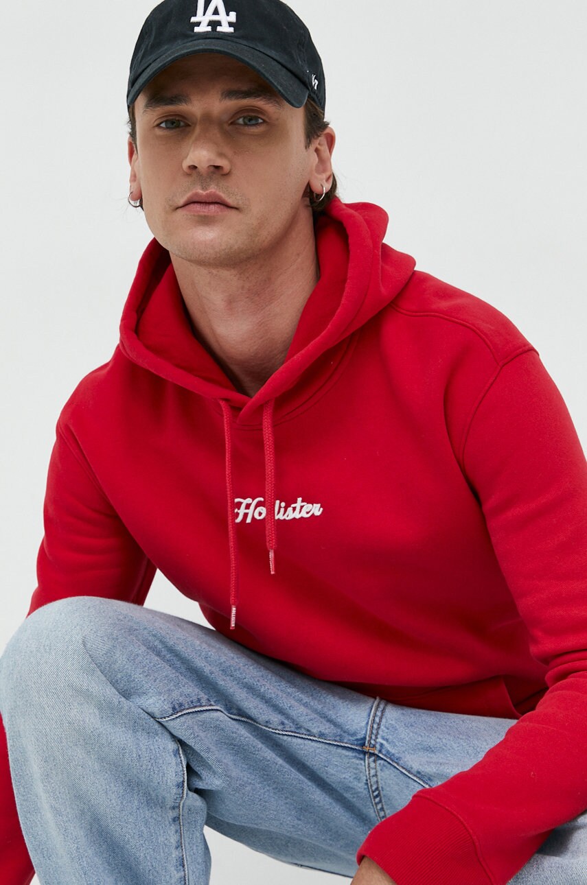Hollister co. bluza barbati, culoarea rosu, cu glugă, neted