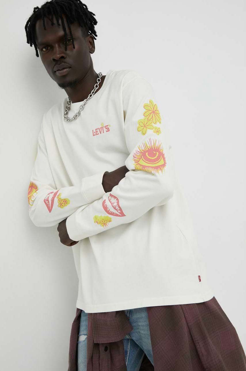 Bavlněné tričko s dlouhým rukávem Levi′s béžová barva, s potiskem - béžová -  100% Bavlna