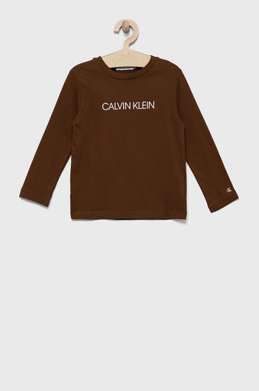 

Детска блуза с дълги ръкави Calvin Klein Jeans в кафяво с принт, Кафяв