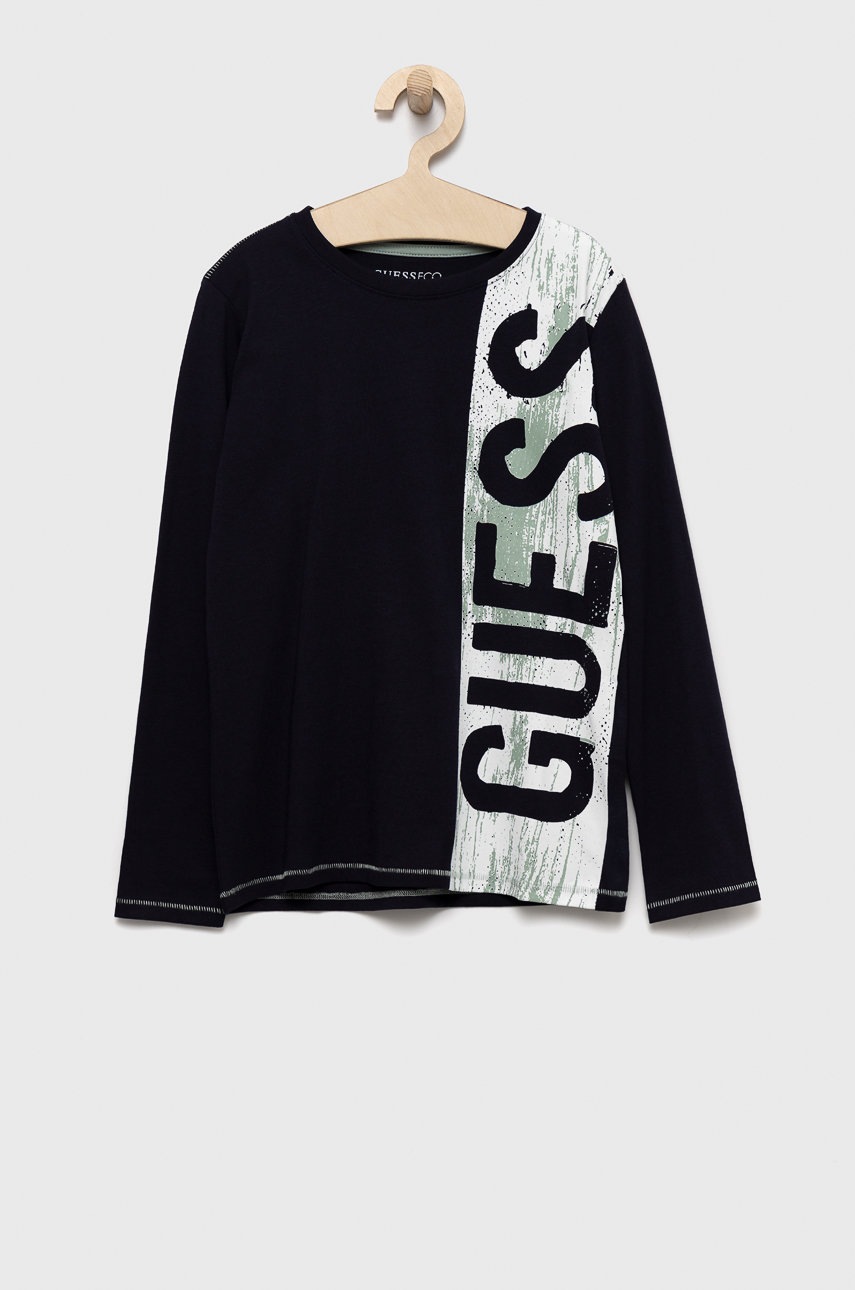 

Детска блуза с дълги ръкави Guess в тъмносиньо с принт, Тъмносин