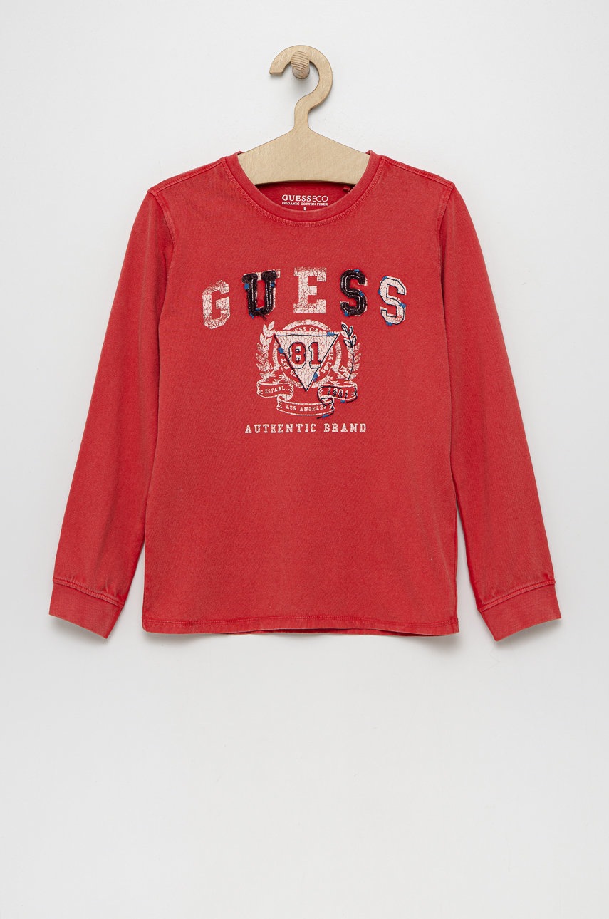 

Детска блуза с дълги ръкави Guess в червено с апликация, Червен