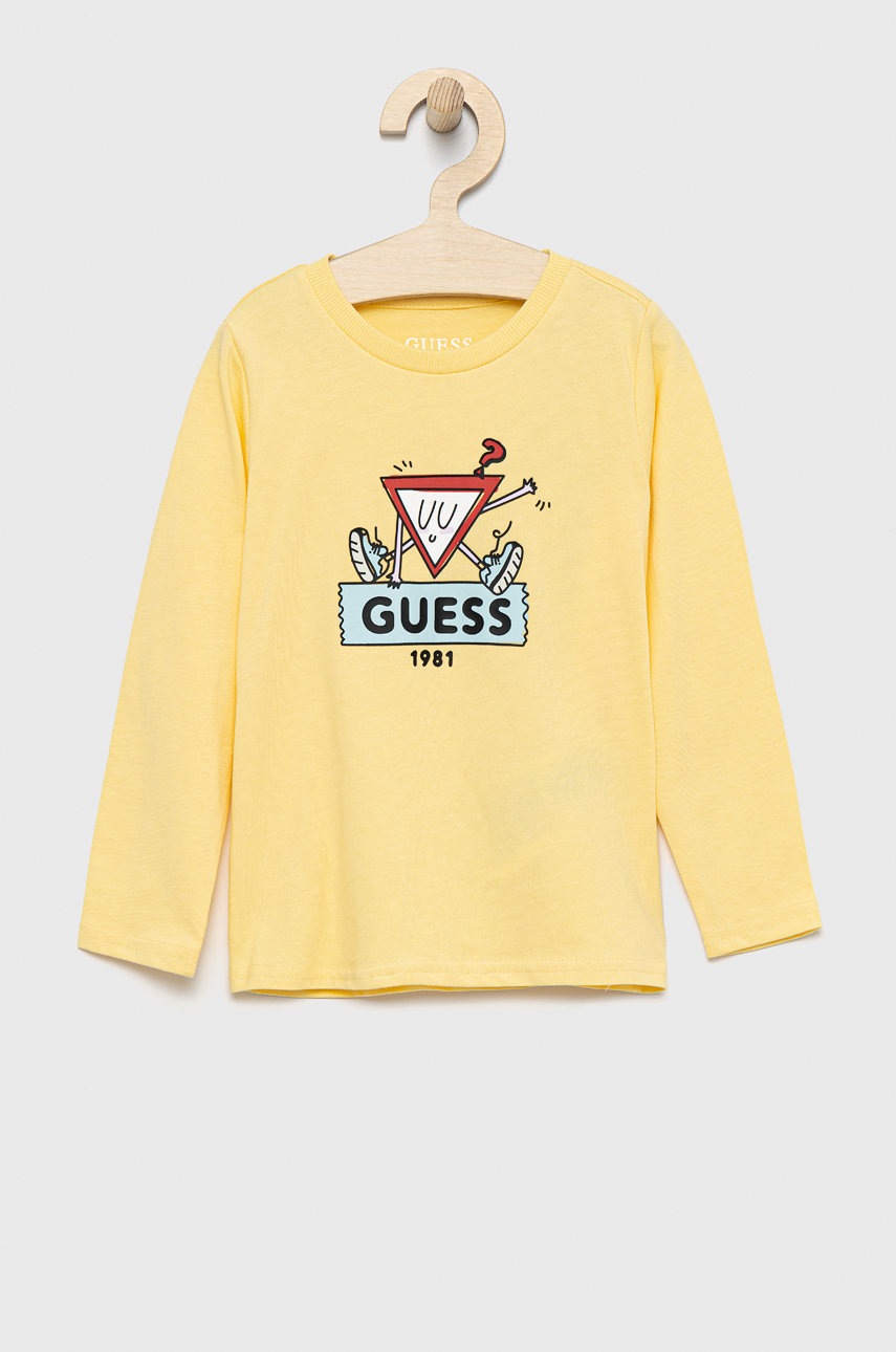 

Детска блуза с дълги ръкави Guess в жълто с принт, Жълт