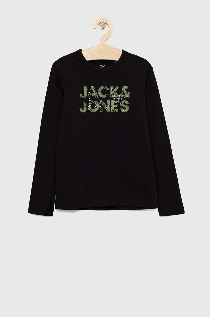 

Дитячий бавовняний лонгслів Jack & Jones колір чорний з принтом