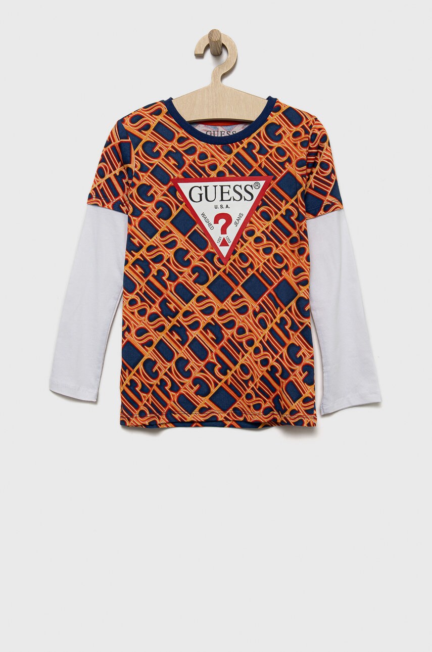 

Хлопковый детский лонгслив Guess цвет оранжевый с принтом
