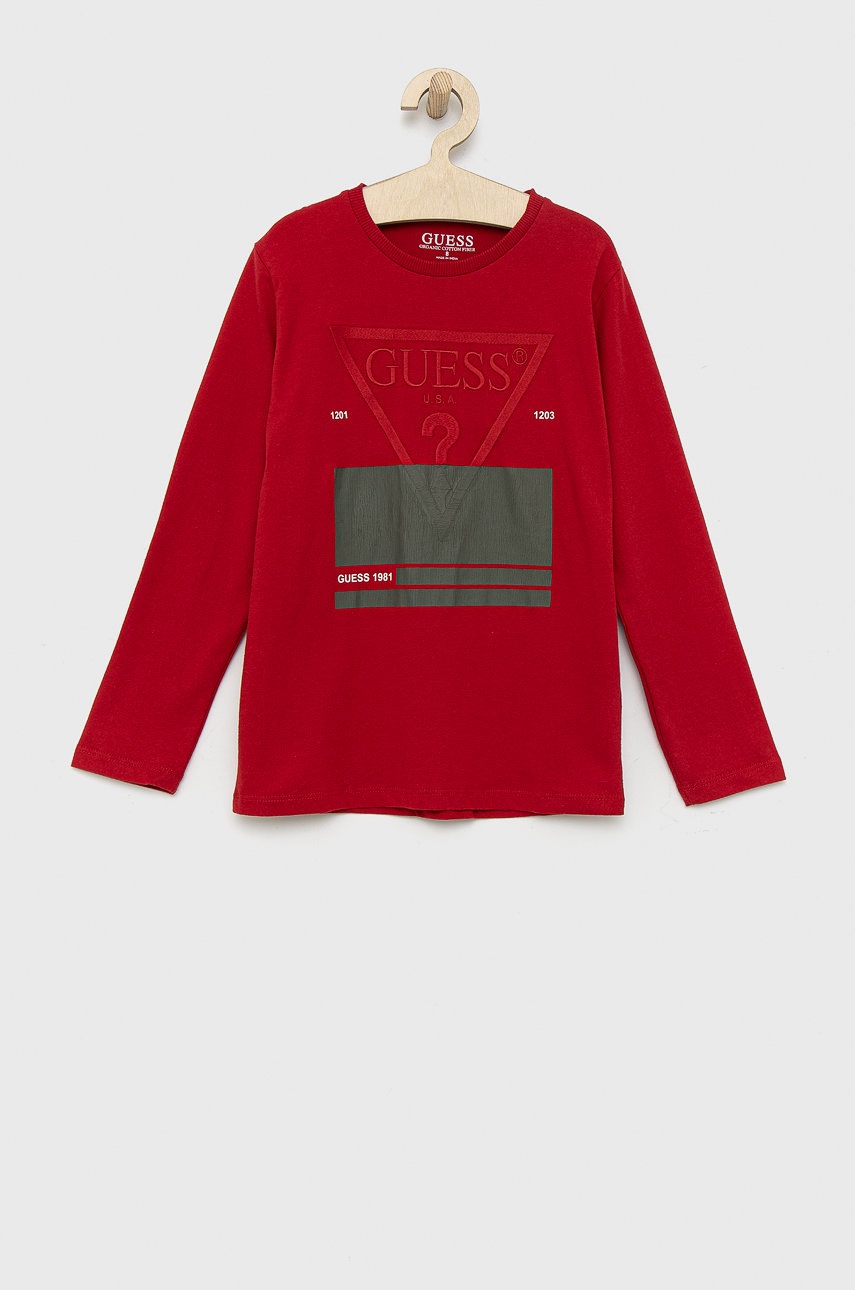 

Хлопковый детский лонгслив Guess цвет красный с аппликацией