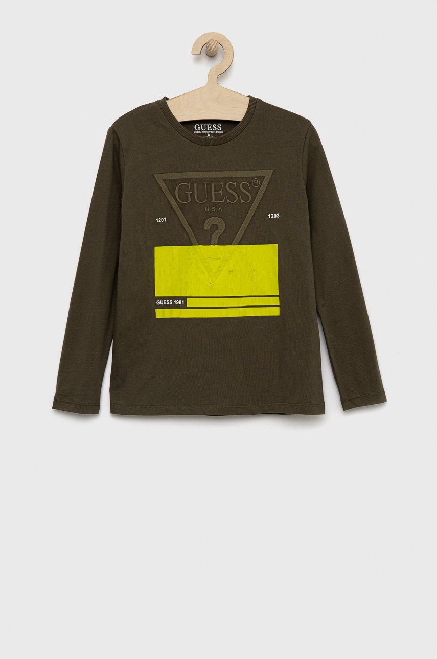 

Хлопковый детский лонгслив Guess цвет зелёный с аппликацией