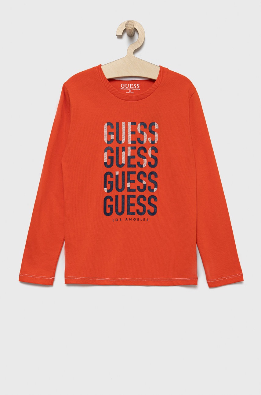 

Детска блуза с дълги ръкави Guess в оранжево с принт, Оранжев