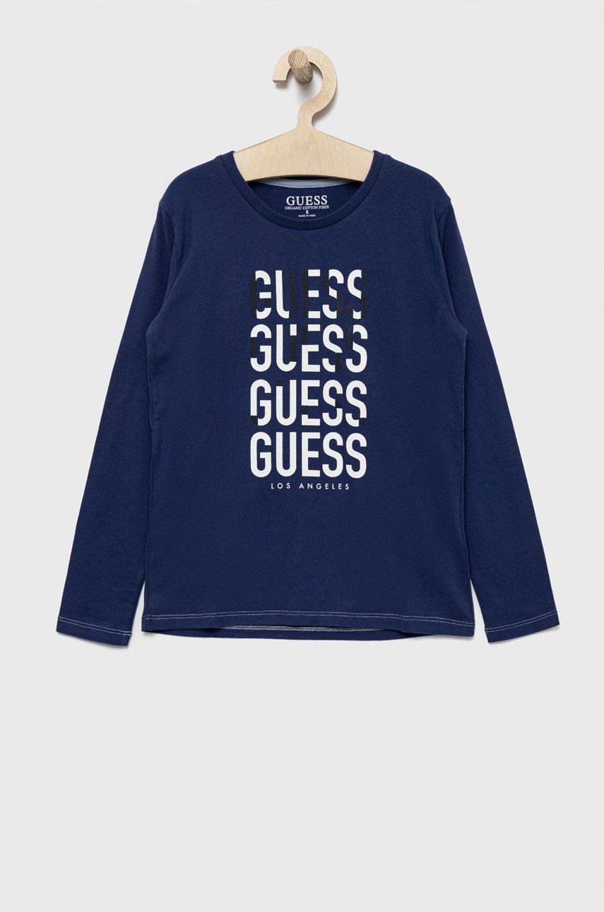 

Детска блуза с дълги ръкави Guess в тъмносиньо с принт, Тъмносин