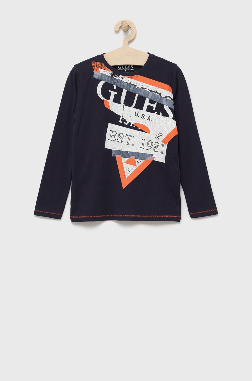 

Детска блуза с дълги ръкави Guess в тъмносиньо с принт, Тъмносин