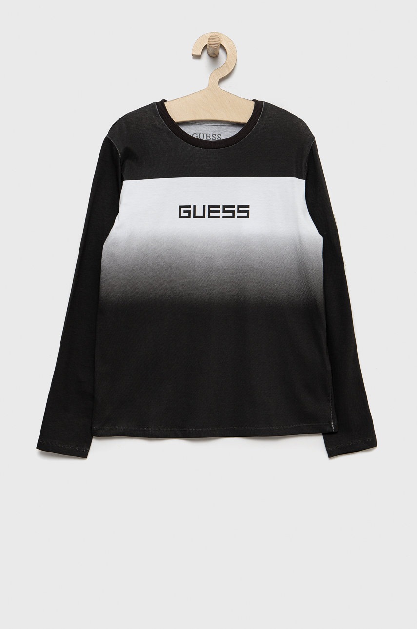 

Дитячий бавовняний лонгслів Guess колір білий з аплікацією