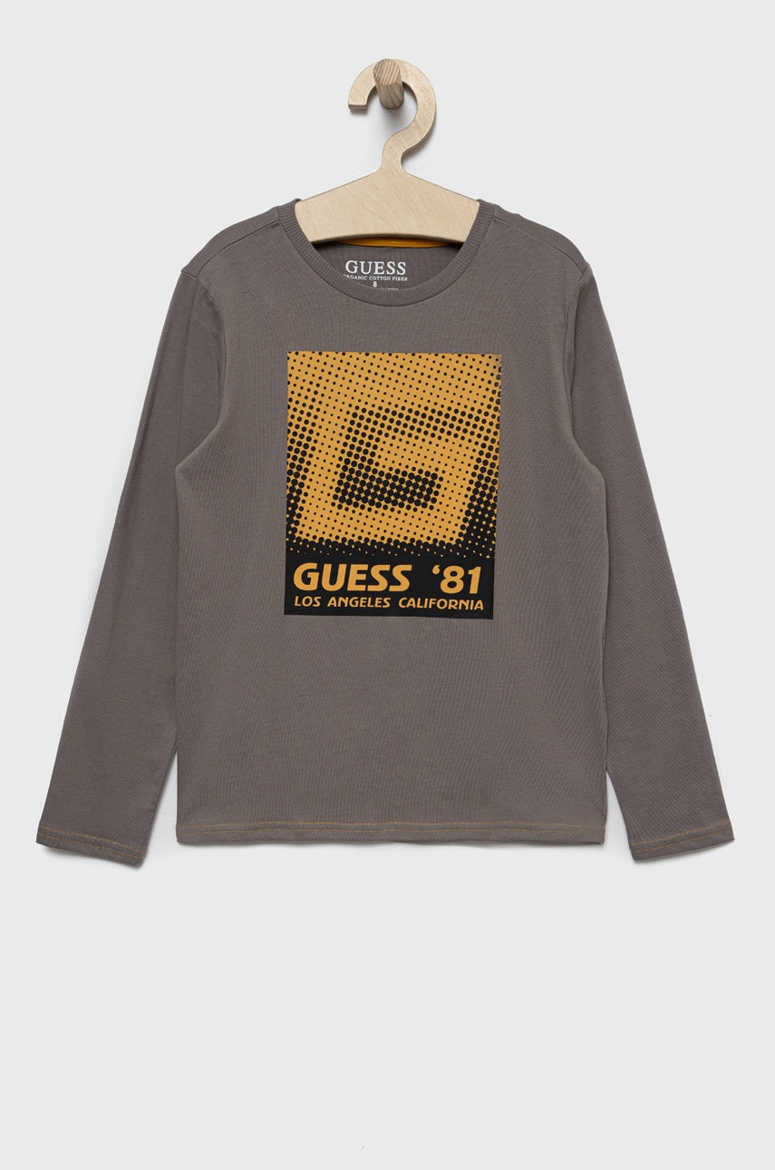 

Детска блуза с дълги ръкави Guess в сиво с принт, Сив