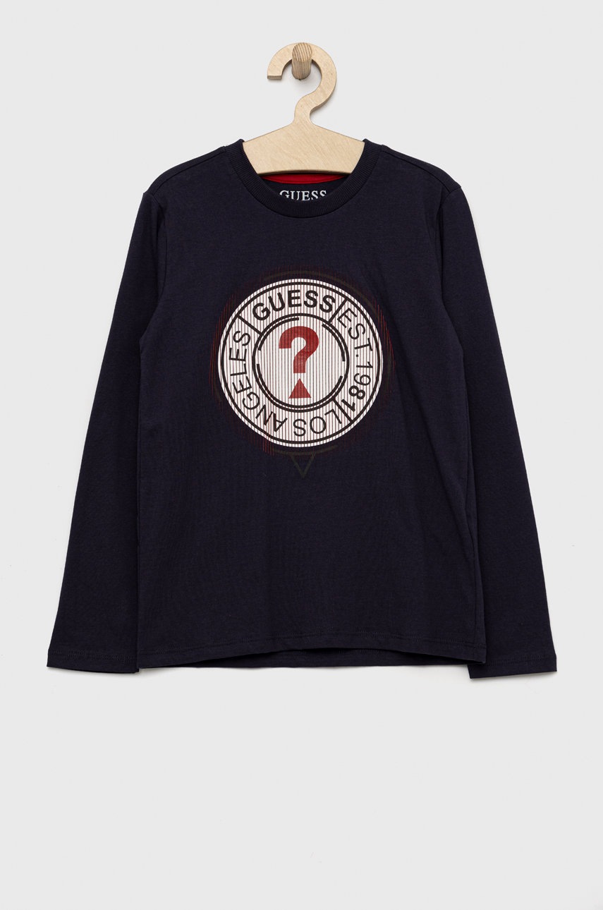 

Хлопковый детский лонгслив Guess цвет синий с аппликацией