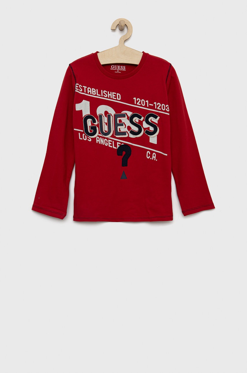 

Хлопковый детский лонгслив Guess цвет красный с аппликацией
