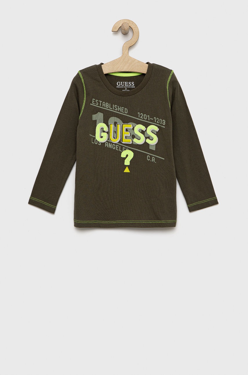 

Детска блуза с дълги ръкави Guess в зелено с апликация, Зелен