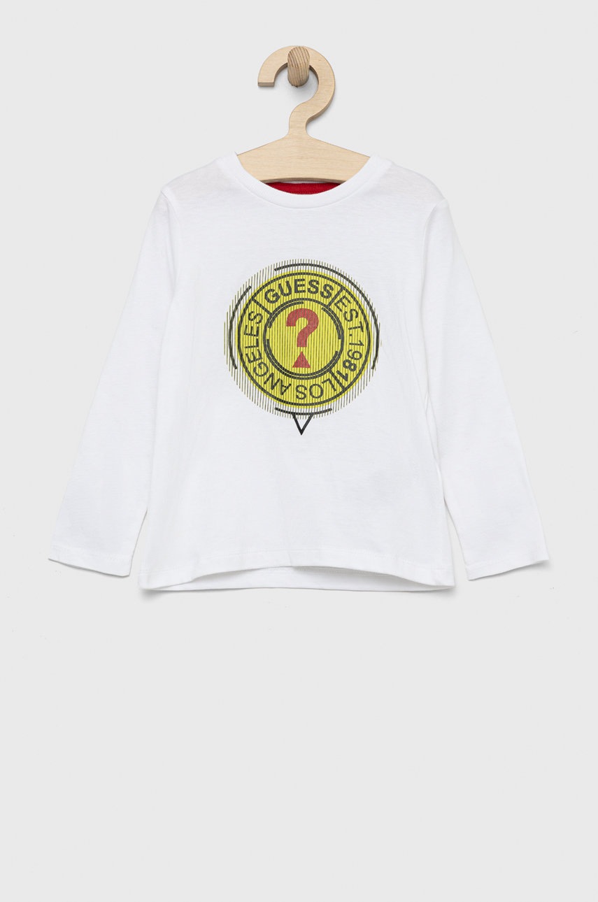 

Детска блуза с дълги ръкави Guess в бяло с апликация, Бял