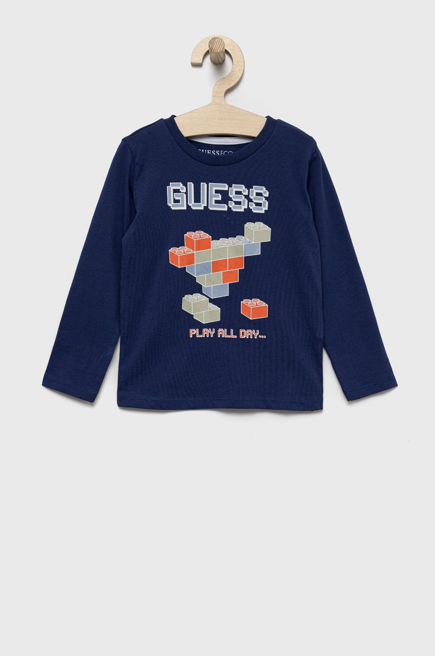 

Детска блуза с дълги ръкави Guess в тъмносиньо с принт, Тъмносин