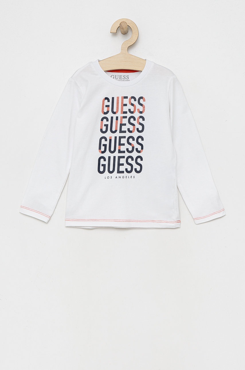 

Дитячий бавовняний лонгслів Guess колір білий з принтом