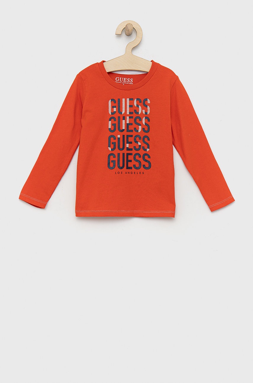 

Детска блуза с дълги ръкави Guess в оранжево с принт, Оранжев