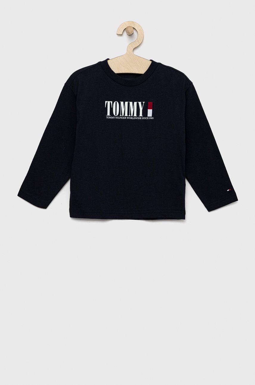 Detská bavlnená košeľa s dlhým rukávom Tommy Hilfiger tmavomodrá farba, s potlačou